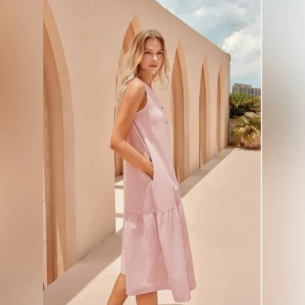 Lintico Shop “Celine” Linen Vacation Dress V Neck Mid Length Size M Pink NWT - Picture 2 of 5